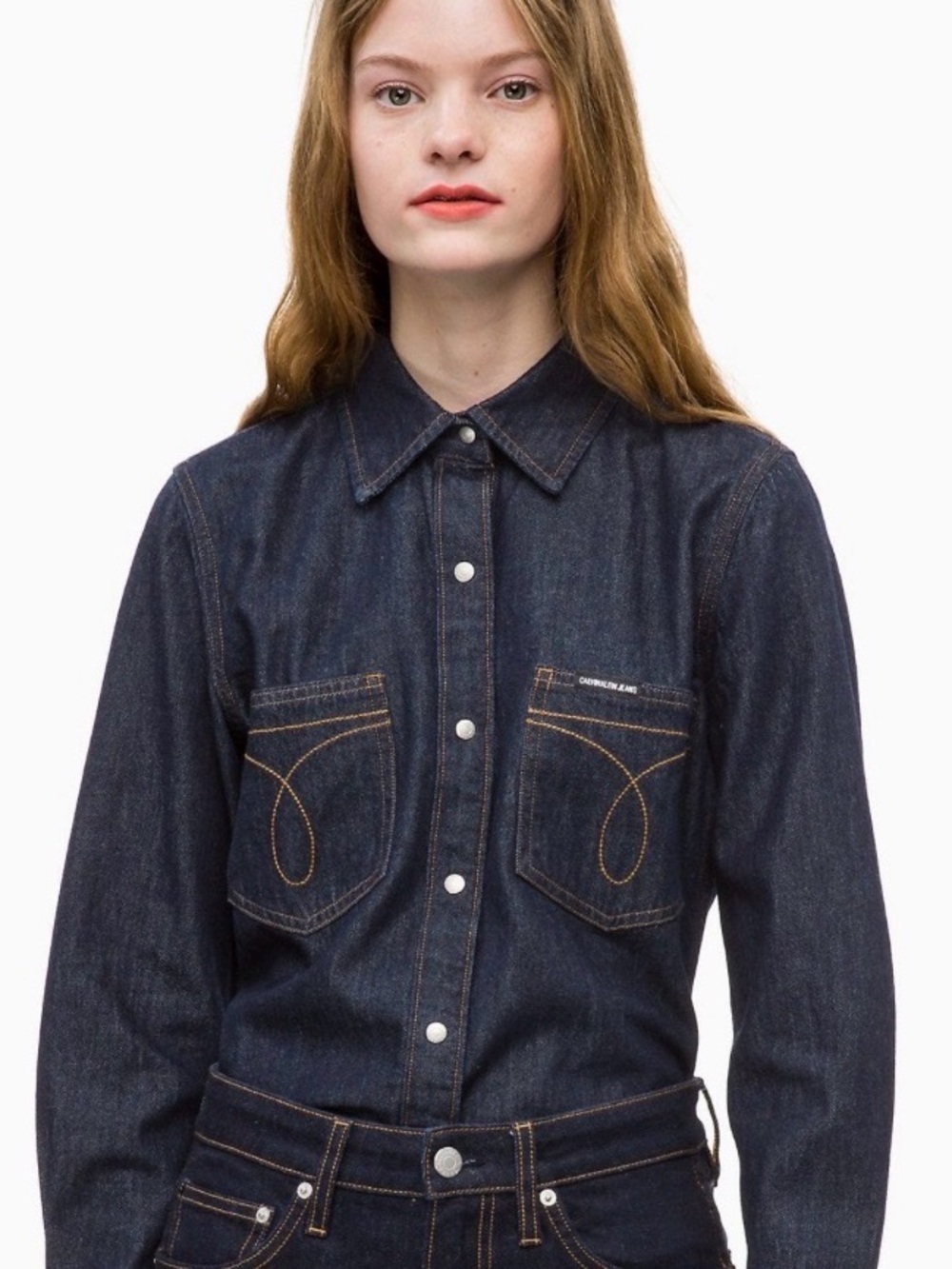 Calvin Klein Jeans Rigid Dark Wash Denim Snap Front Shirt XS